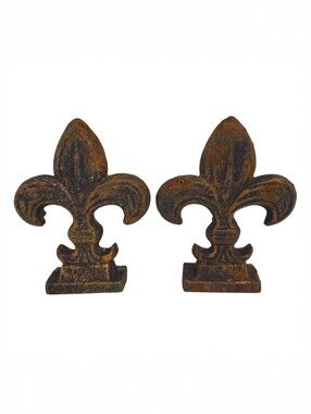 Cast Iron Brown Rusted Fleur de Lis Rustic Country Farmhouse Tabletop Finial Set